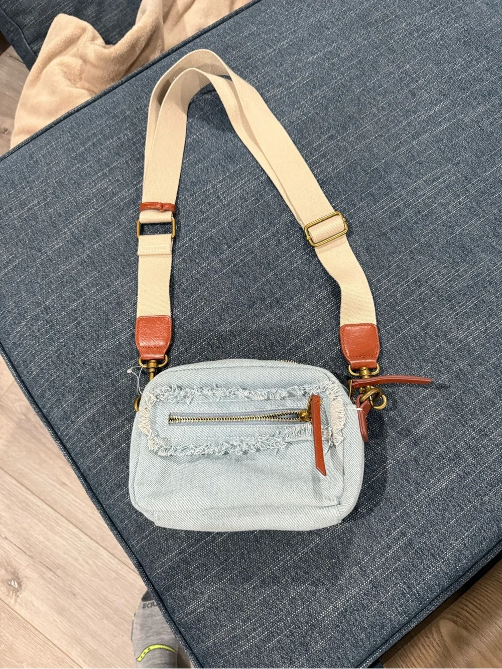 Universal Thread Light Blue Denim Crossbody with Tan Leather Accents